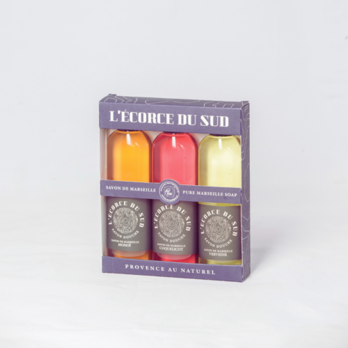 Coffret trio de savons douche de Marseille 100 ml Monoï, Coquelicot et Verveine fabriqués en Provence.