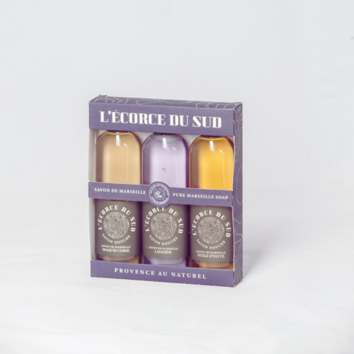Coffret trio de savons douche de Marseille 100 ml Maquis Corse, Lavande et Huile d'Olive fabriqués en Provence.